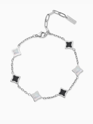 Bracelet Flower câble Argenté - Motif Blanc & Noir