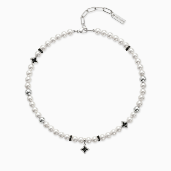 Chaîne Flower Pearl Argentée - Pierres Noires