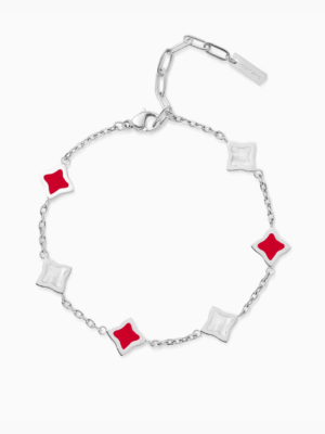 Bracelet Flower câble Argenté - Motif Blanc & Rouge
