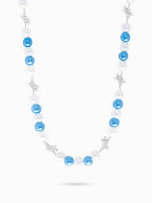 Chaîne perlée Signature Argentée - Blanc et Bleu