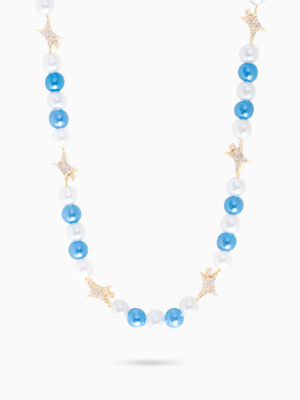 Chaîne perlée Signature Dorée - Blanc et Bleu