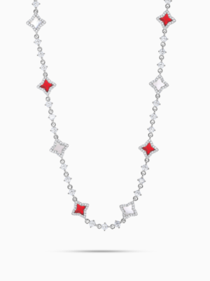 Chaîne Flower Tennis Argentée - Motif Blanc & Rouge